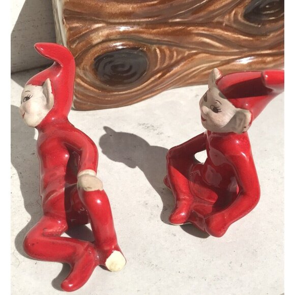 Antq Thames Ceramic Red Pixie Elf MCM 50s Christmas Woodland Planter MCM Lot HTF - Picture 6 of 16